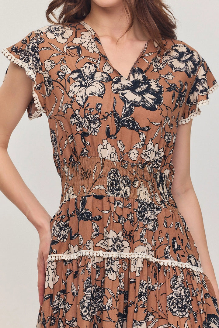 Biscuit V Neck Ruffled Flower Patterned Summer Viscon Dress BCVL-25V054 - Cernusco sul Naviglio