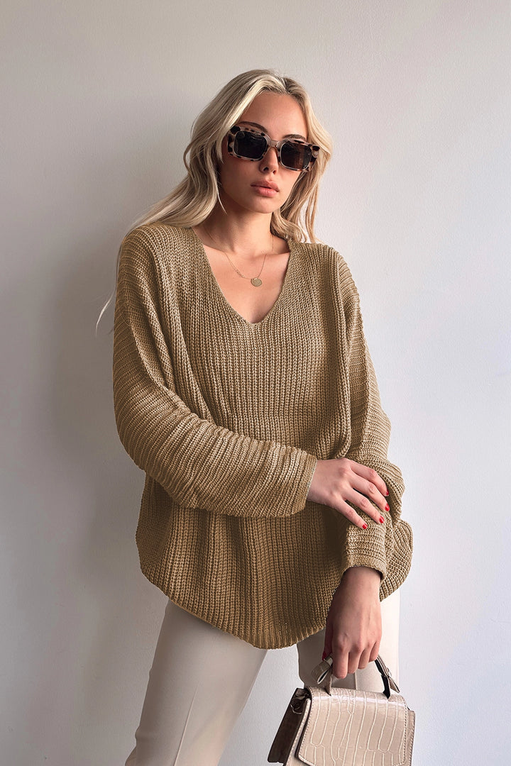 Biscuit V Neck Thessaloniki Knitted Winter Sweater BC231019 - Bitonto