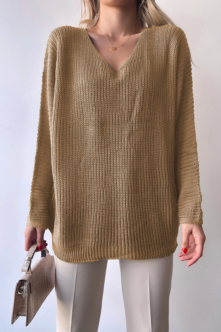 Biscuit V Neck Thessaloniki Knitted Winter Sweater BC231019 - Bitonto