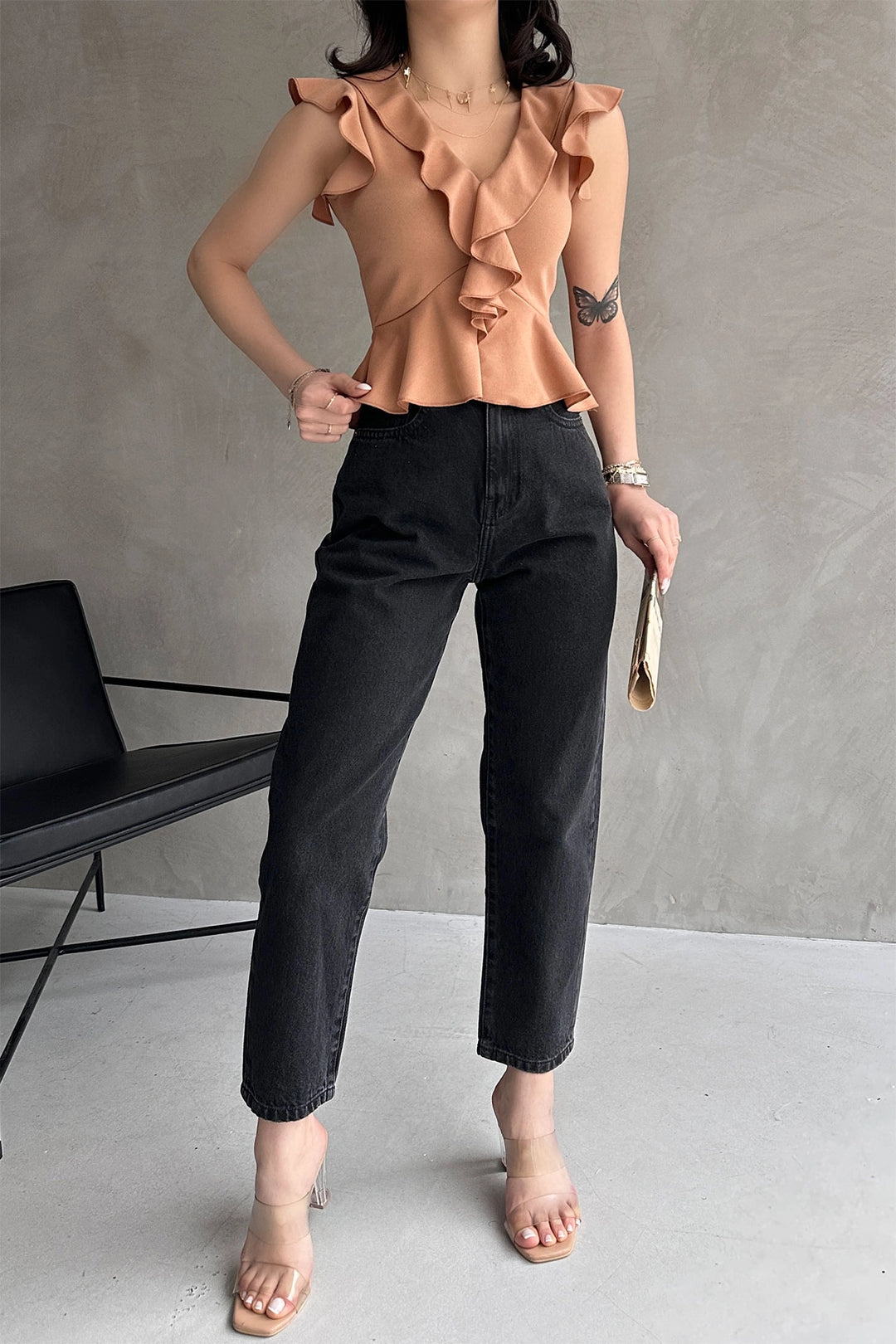 Biscuit Collar and Sleeves Ruffled Crepe Blouse BCDF-252161 - Châteauroux
