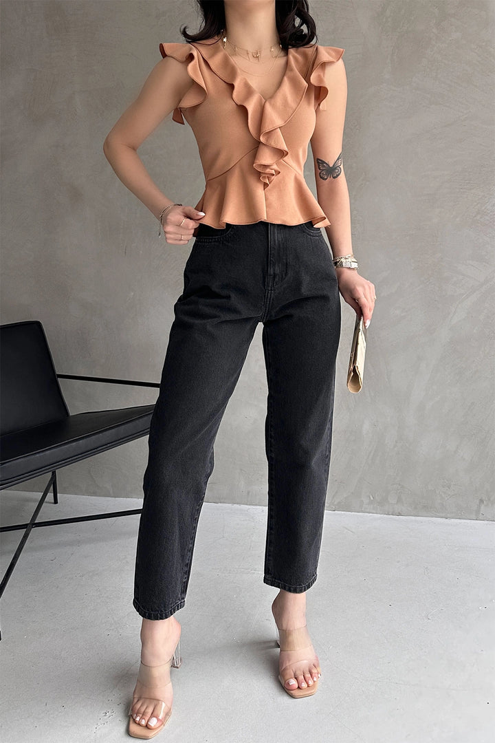Biscuit Collar and Sleeves Ruffled Crepe Blouse BCDF-252161 - Châteauroux