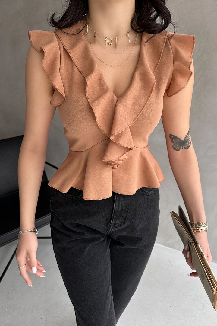 Biscuit Collar and Sleeves Ruffled Crepe Blouse BCDF-252161 - Châteauroux