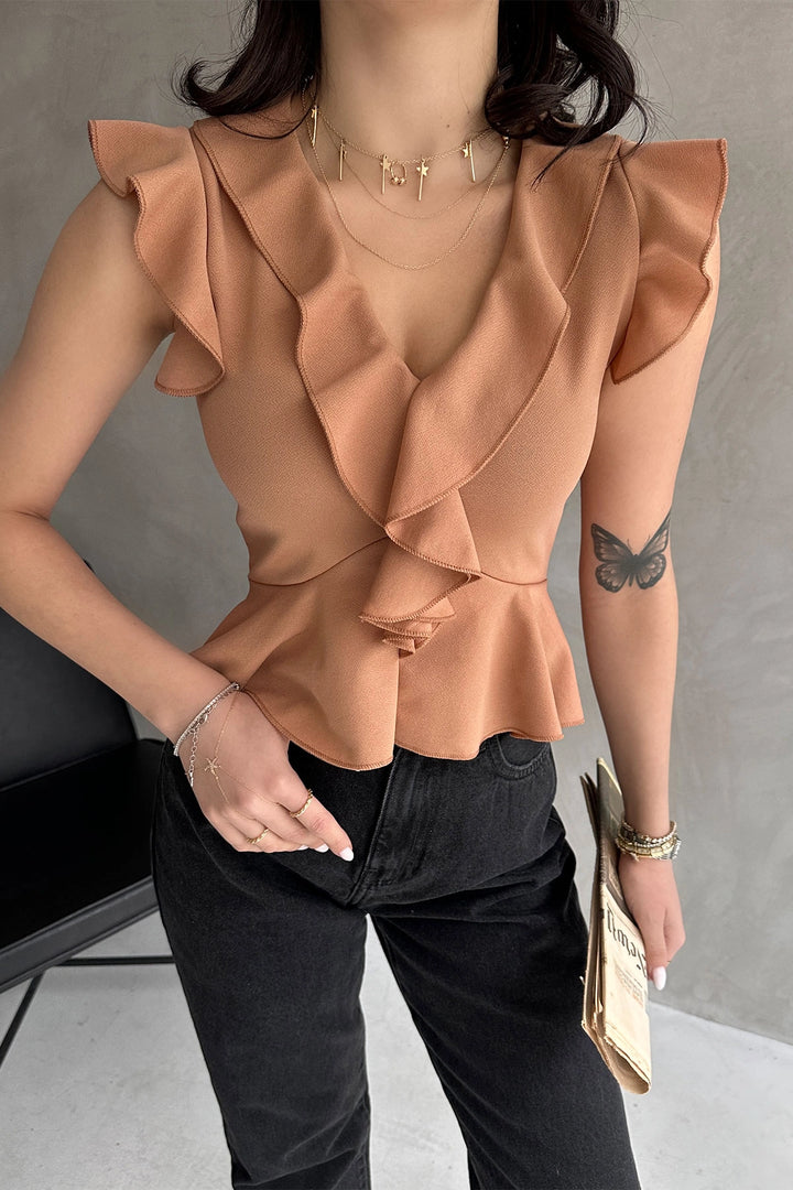 Biscuit Collar and Sleeves Ruffled Crepe Blouse BCDF-252161 - Châteauroux