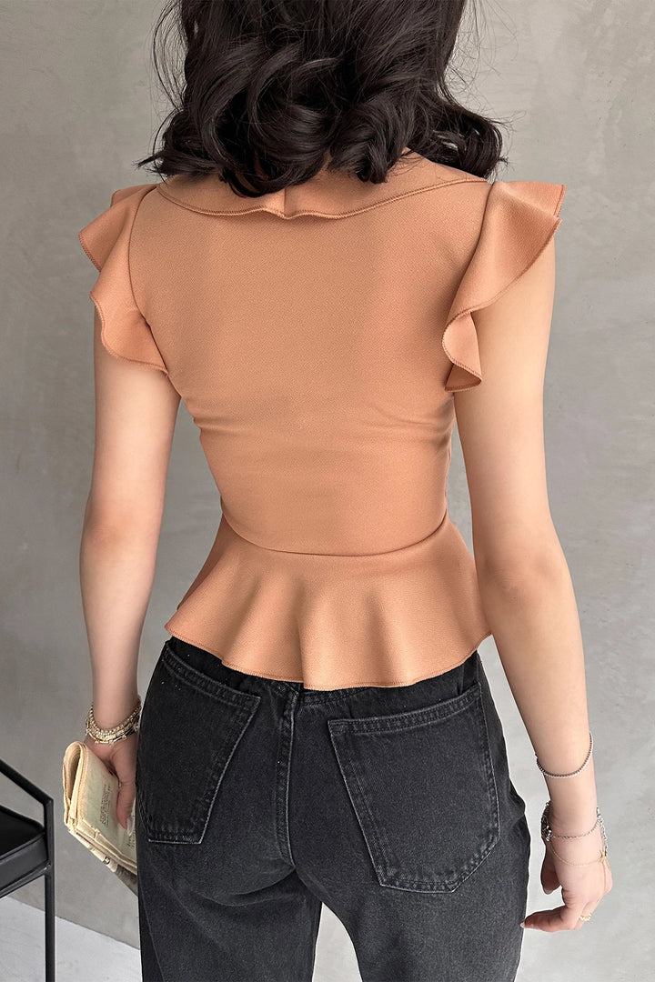 Biscuit Collar and Sleeves Ruffled Crepe Blouse BCDF-252161 - Châteauroux