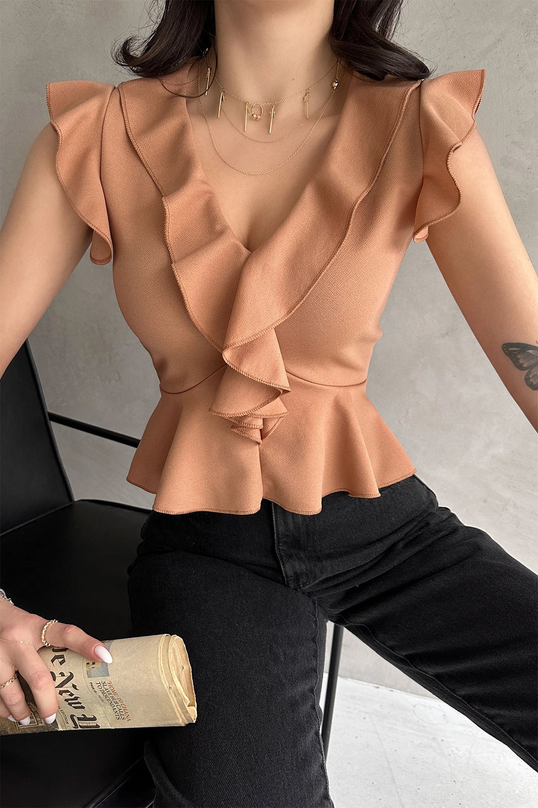Biscuit Collar and Sleeves Ruffled Crepe Blouse BCDF-252161 - Châteauroux