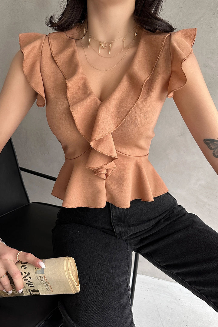 Biscuit Collar and Sleeves Ruffled Crepe Blouse BCDF-252161 - Châteauroux