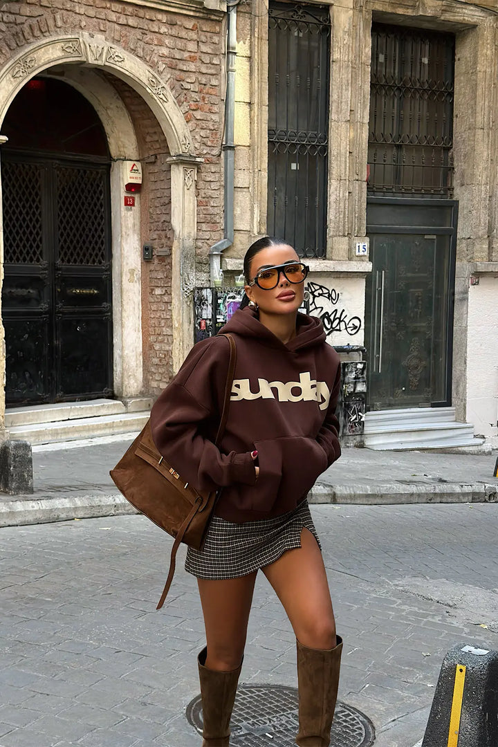 EYY Women Bitter Brown Hoodie with  Sunday  Print - Sevran
