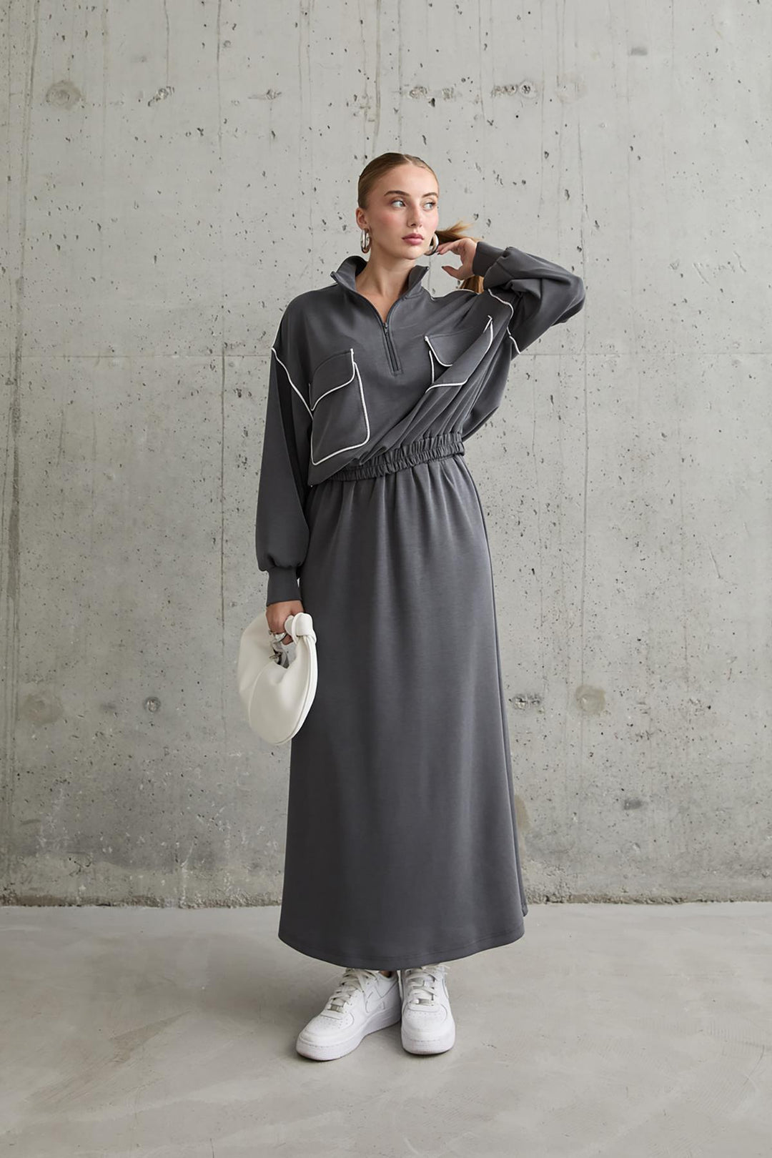 ELS Two-Piece Sweater and Skirt Set - Smoke Gray - Iormughanlo