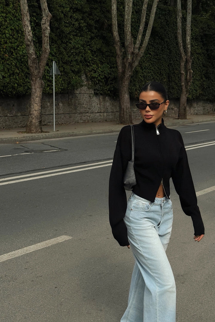 EYY Women Black Balboa Double Zipper Knit Cardigan - Eagan