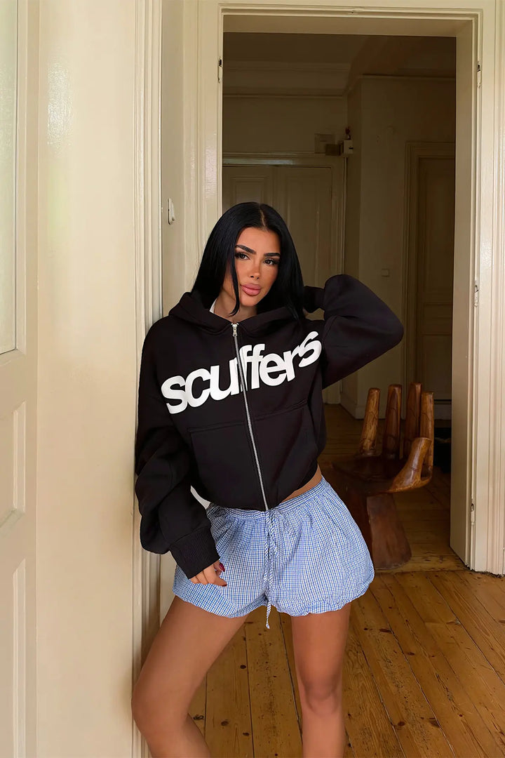 EYY Women Black Hooded Cardigan with  Scuffers  Print - Floreşti