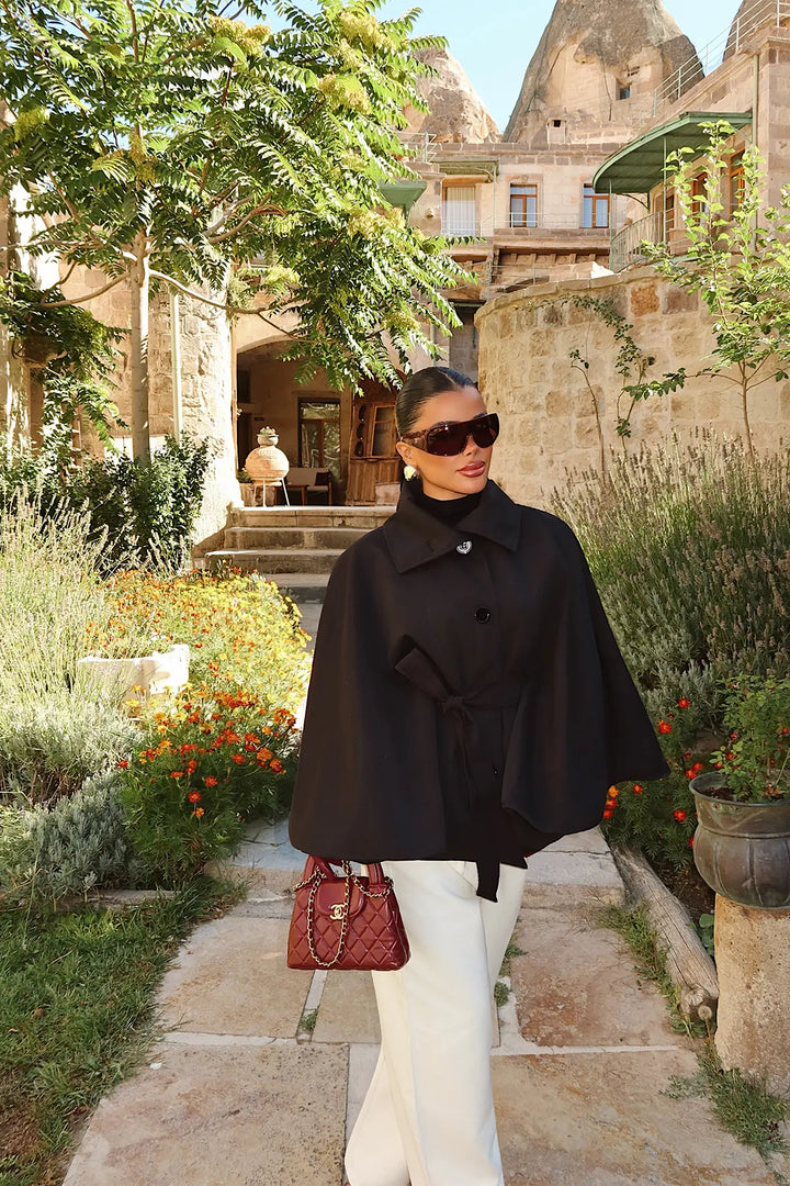 EYY Women Black Jacket with Cape Sleeves and Tie Detail - Stryi