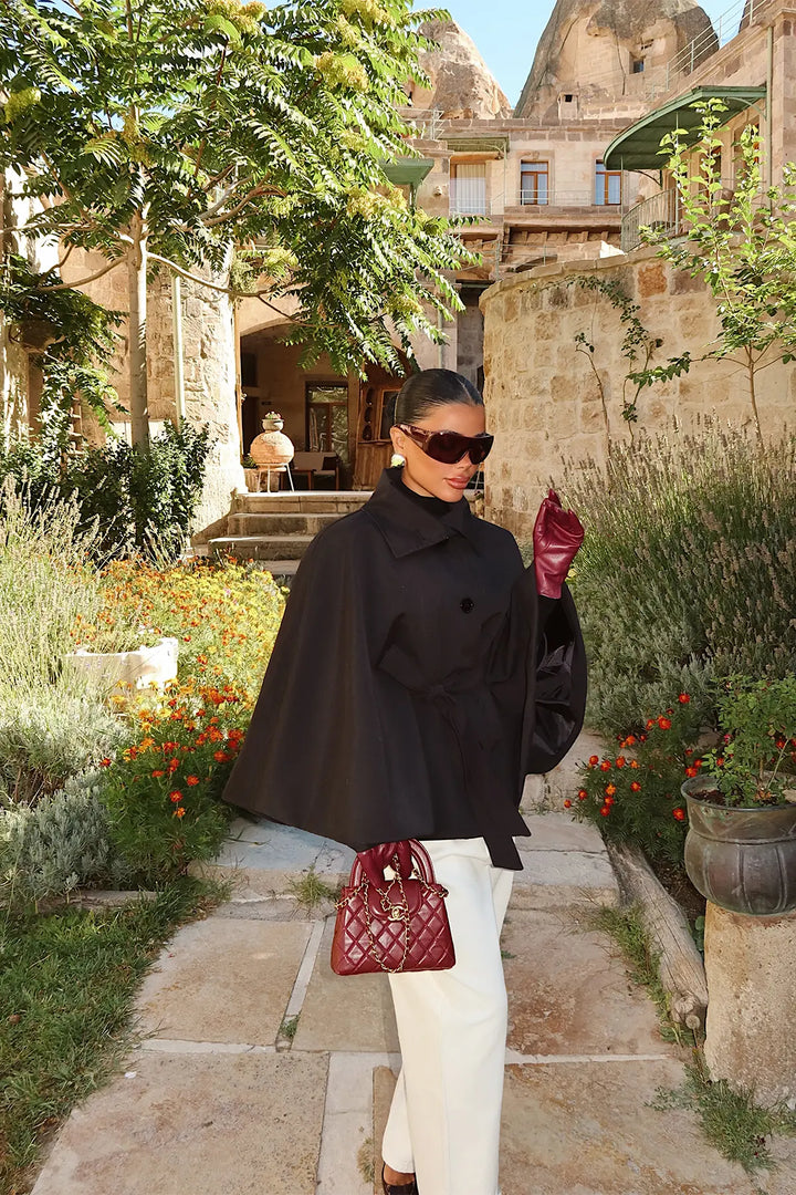 EYY Women Black Jacket with Cape Sleeves and Tie Detail - Stryi