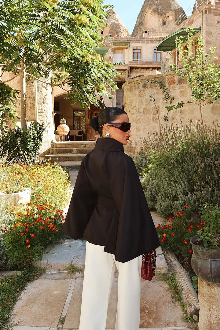 EYY Women Black Jacket with Cape Sleeves and Tie Detail - Stryi
