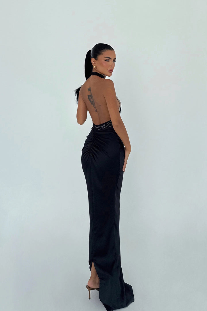 EYY Women Black Marlo Lace Detailed Satin Dress - Linares