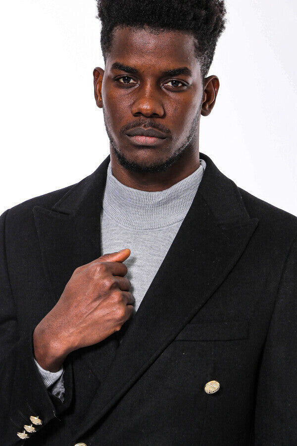 WSS Metal Buttoned Double Breasted Black Men Long Coat  - Tuxtla
