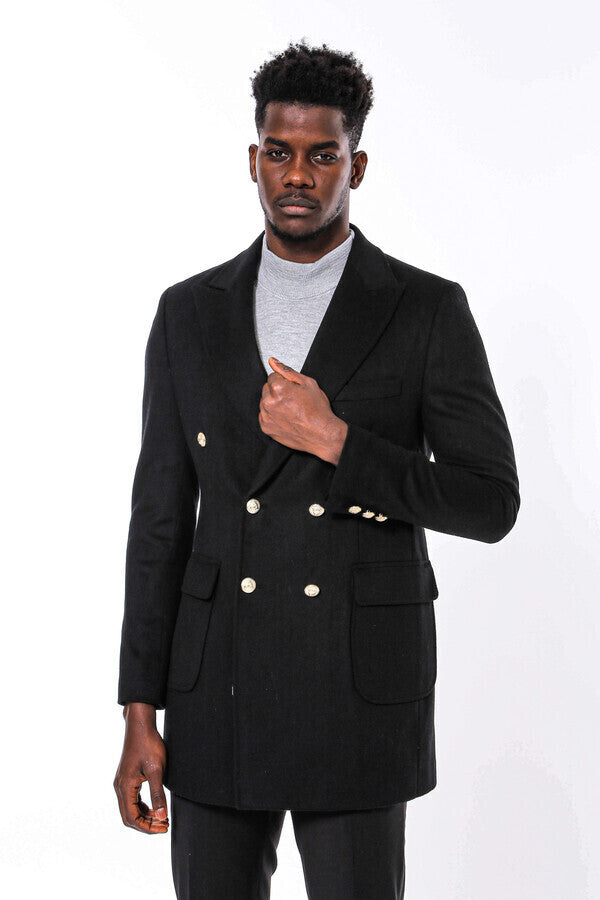 WSS Metal Buttoned Double Breasted Black Men Long Coat  - Tuxtla