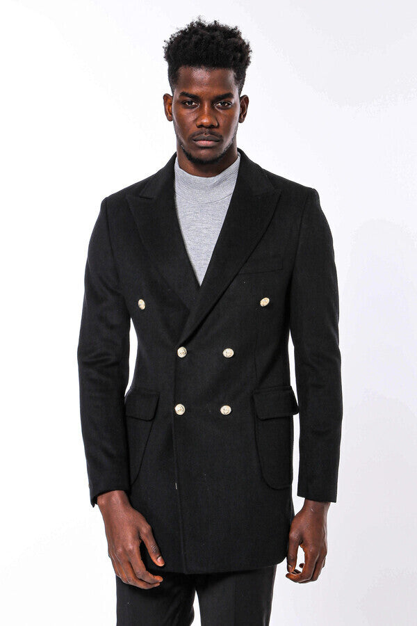WSS Metal Buttoned Double Breasted Black Men Long Coat  - Tuxtla
