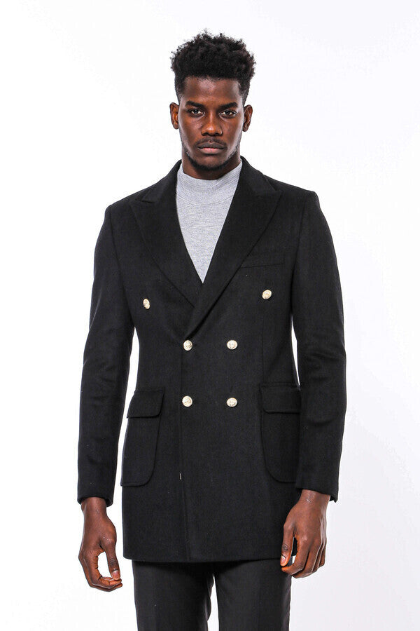 WSS Metal Buttoned Double Breasted Black Men Long Coat  - Tuxtla