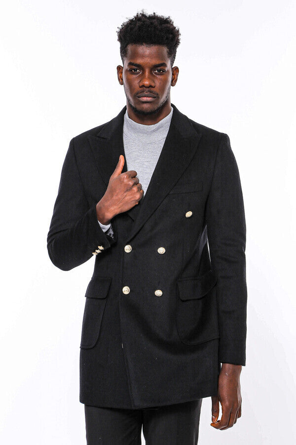 WSS Metal Buttoned Double Breasted Black Men Long Coat  - Tuxtla