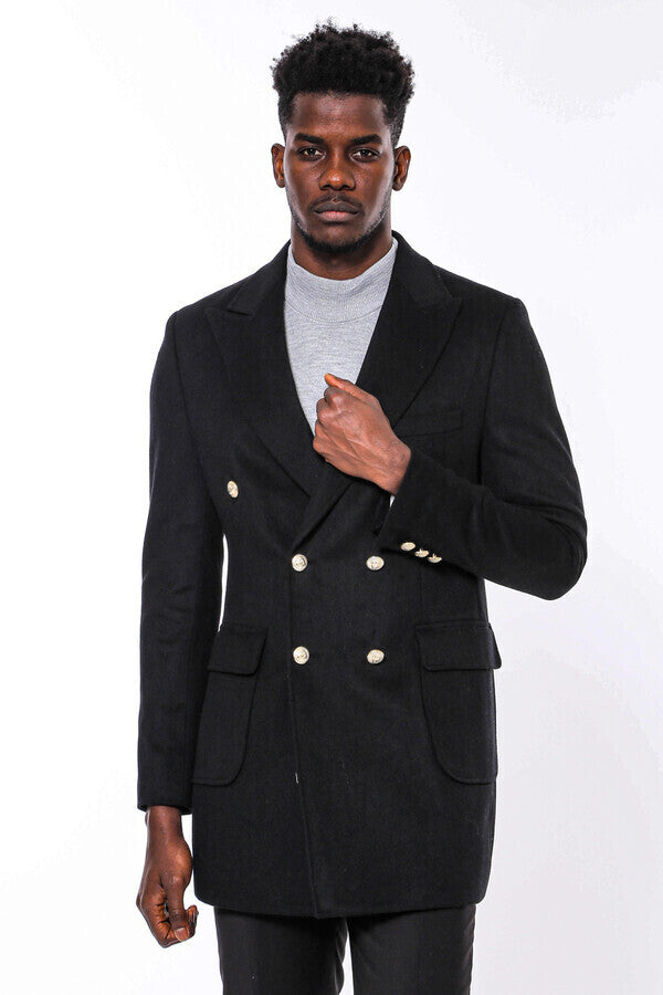 WSS Metal Buttoned Double Breasted Black Men Long Coat  - Tuxtla