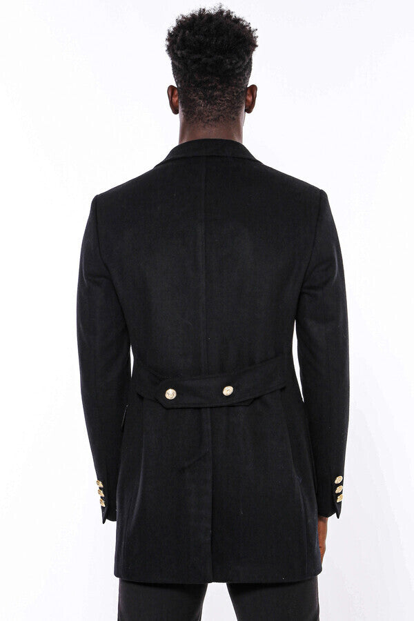 WSS Metal Buttoned Double Breasted Black Men Long Coat  - Tuxtla