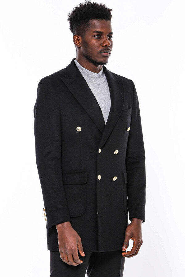 WSS Metal Buttoned Double Breasted Black Men Long Coat  - Tuxtla