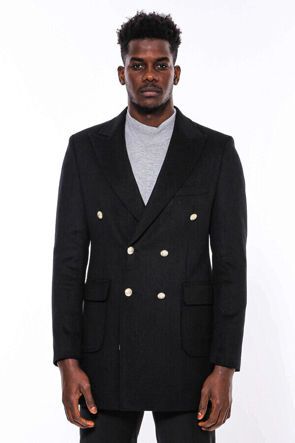 WSS Metal Buttoned Double Breasted Black Men Long Coat  - Tuxtla