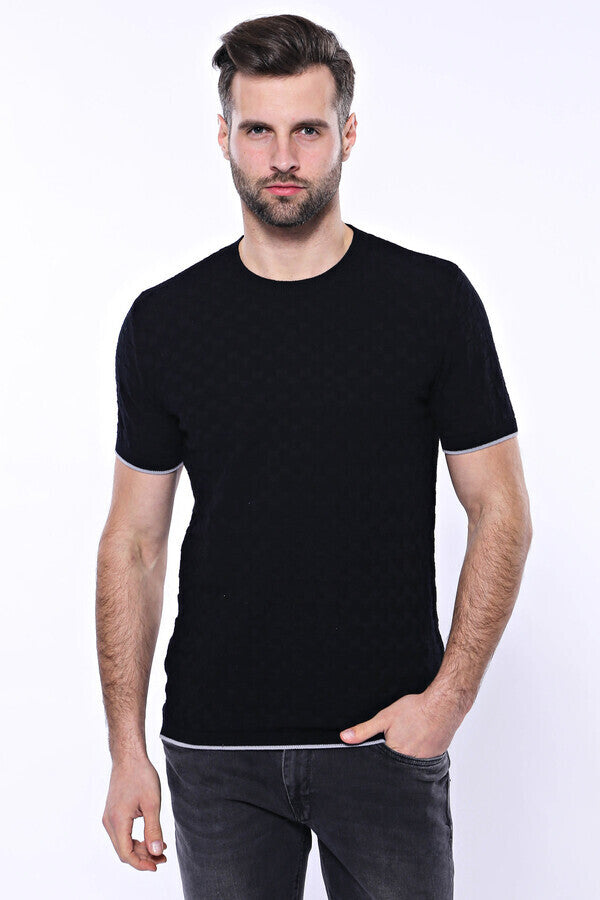 WSS Patterned Tricot Knitted Black Men T-Shirt  - Brăila
