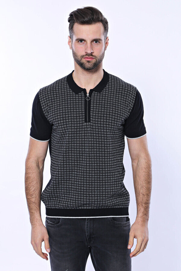 WSS Black Plaid Zippered Polo Knitted T-Shirt  - Aguascalientes