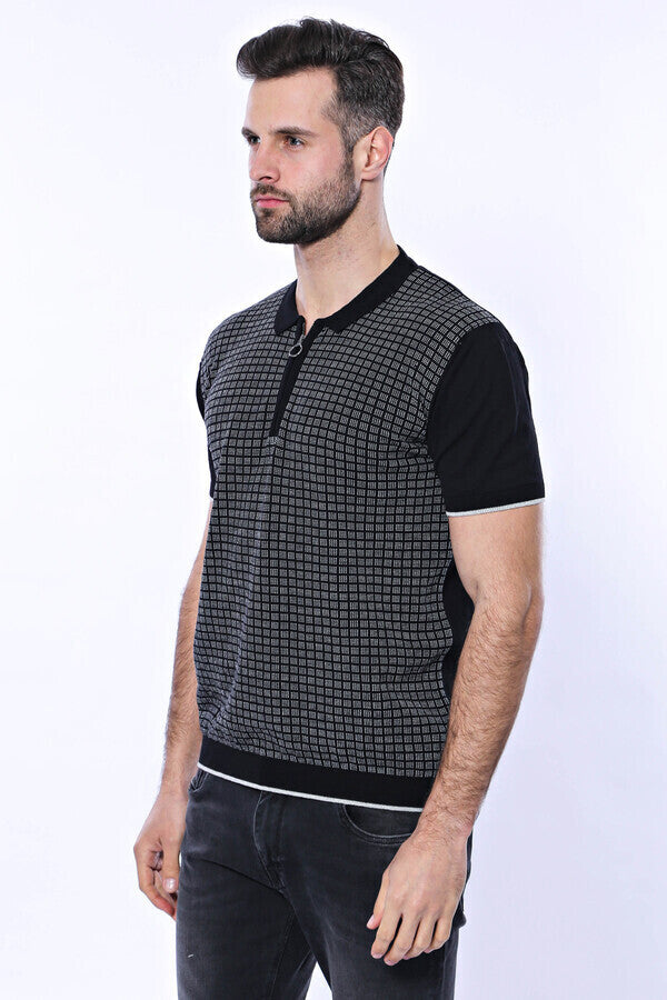WSS Black Plaid Zippered Polo Knitted T-Shirt  - Aguascalientes