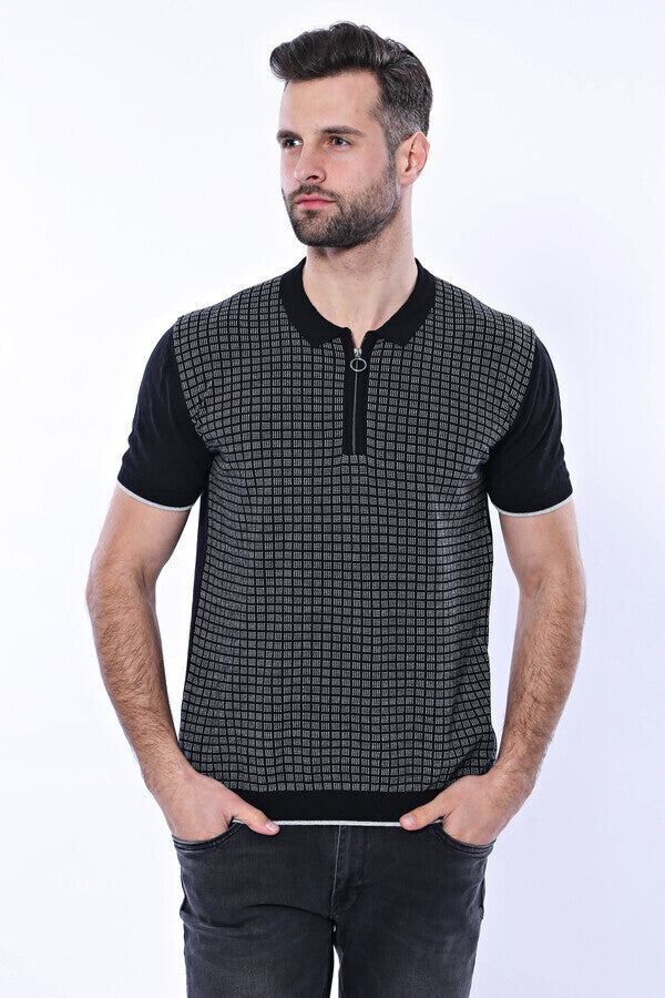 WSS Black Plaid Zippered Polo Knitted T-Shirt  - Aguascalientes