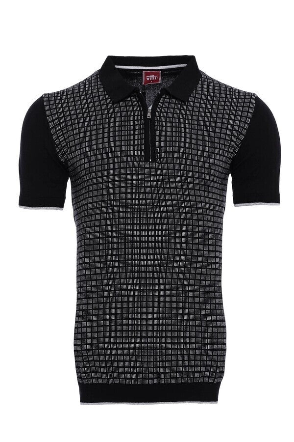 WSS Black Plaid Zippered Polo Knitted T-Shirt  - Aguascalientes