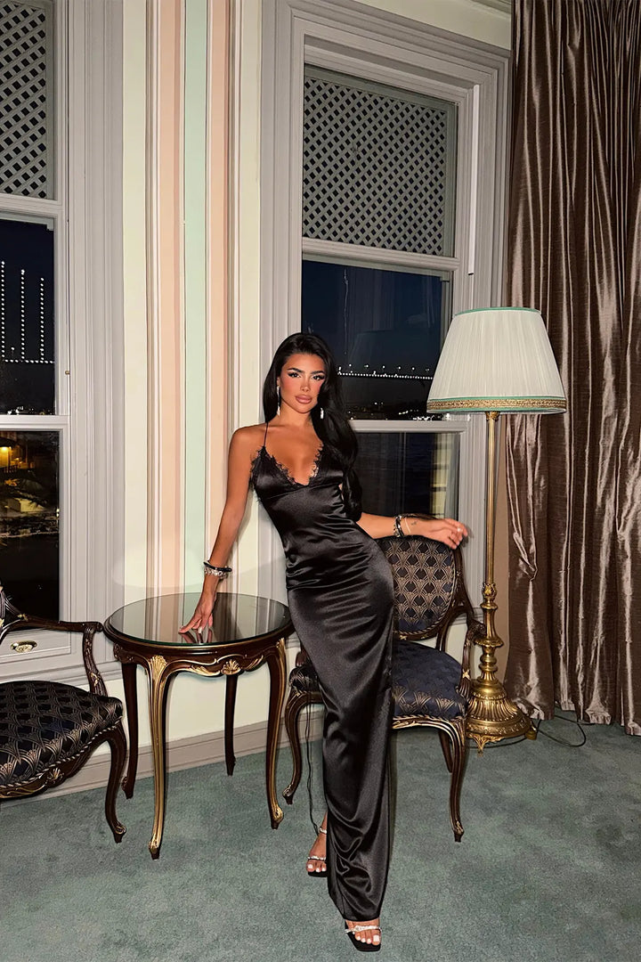 EYY Women Black Strappy Satin Dress - Fontenay-sous-Bois
