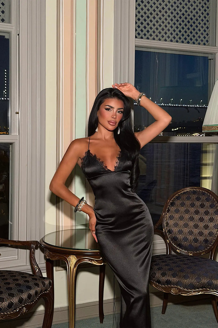 EYY Women Black Strappy Satin Dress - Fontenay-sous-Bois
