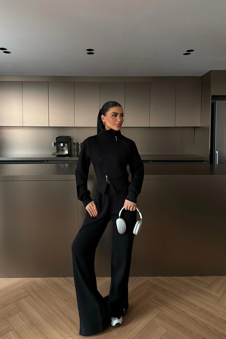 EYY Women Black Tracksuit Set with Zipper Detail - Trapani