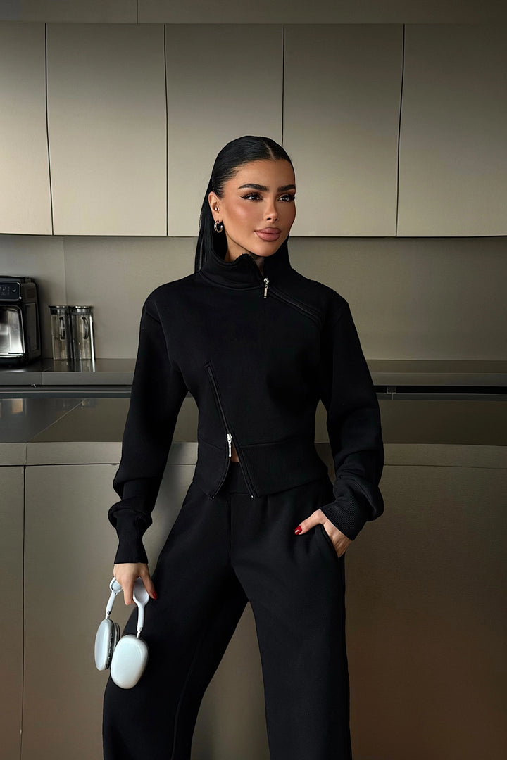EYY Women Black Tracksuit Set with Zipper Detail - Trapani