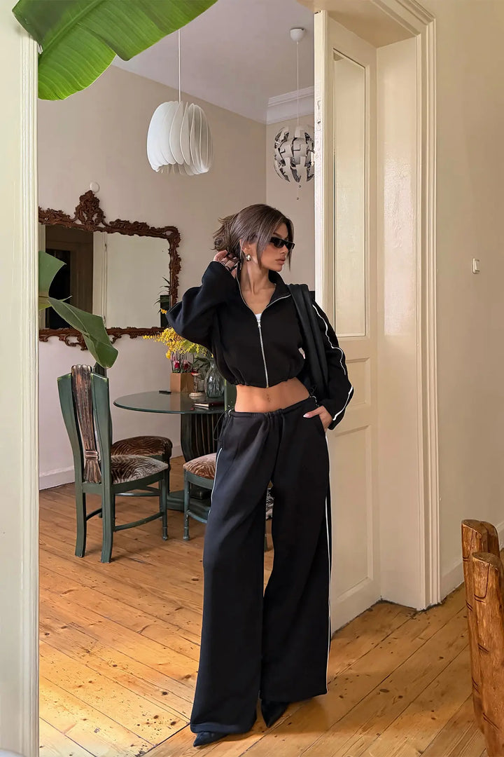 EYY Women Black Tracksuit Set with Zipper Detail - Viseu