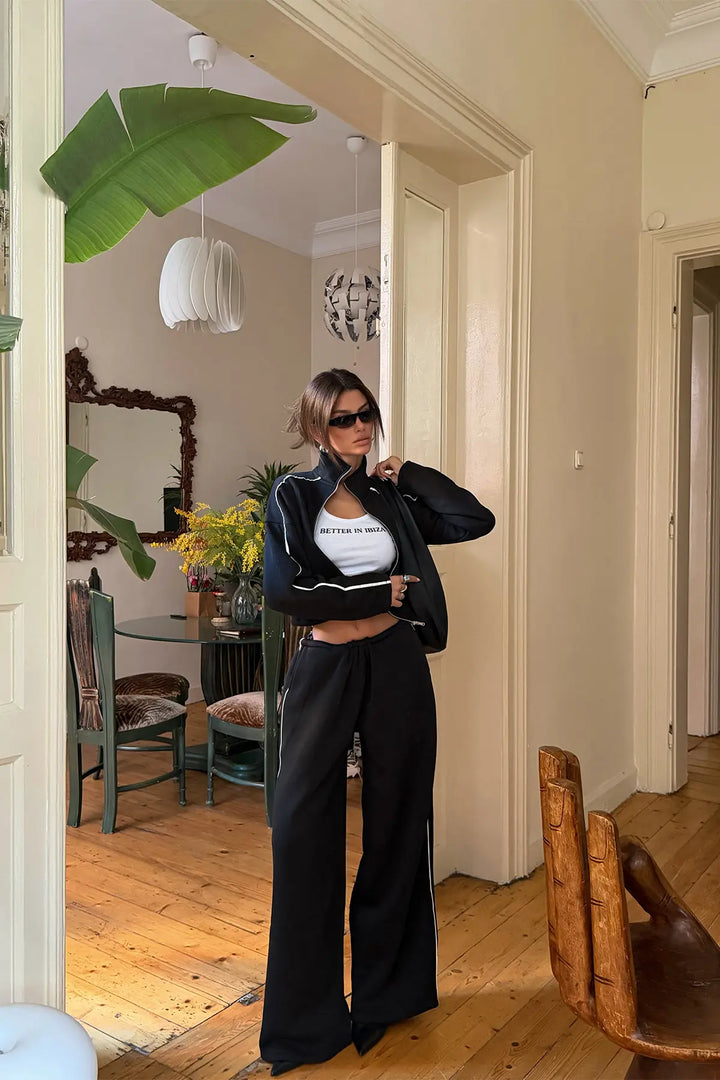 EYY Women Black Tracksuit Set with Zipper Detail - Viseu