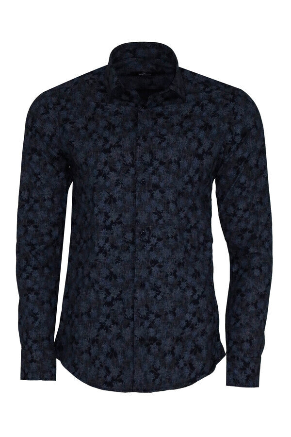 WSS Bloom Patterned Dark Blue Slim Fir Shirt  - Apache Junction