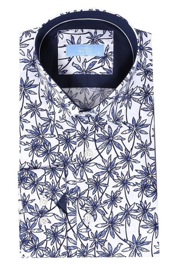 WSS Blue Floral Patterned Long Sleeve White Men Shirt  - Alpharetta