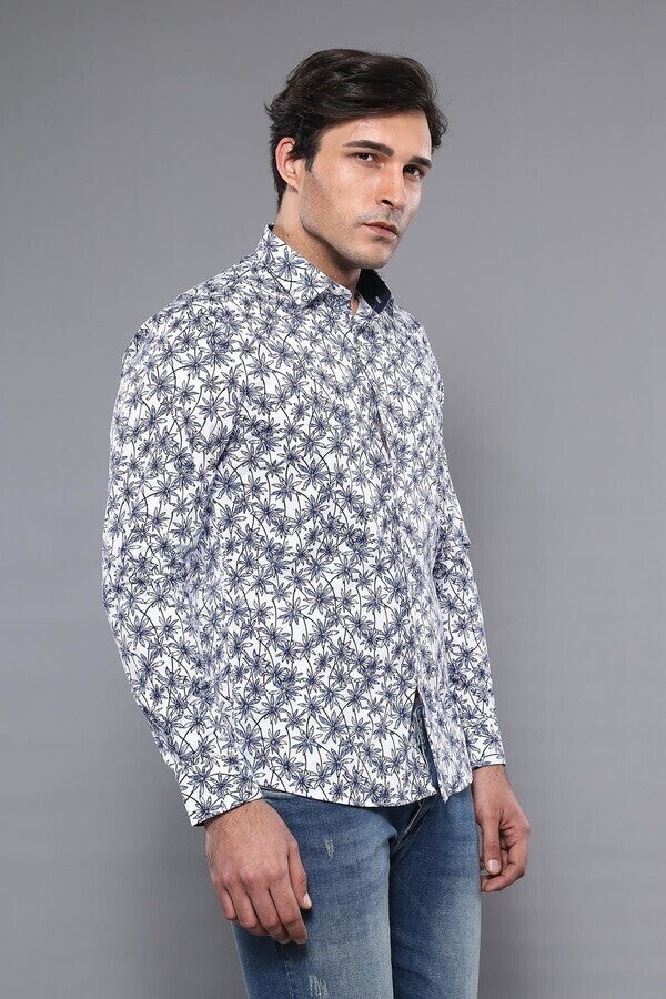 WSS Blue Floral Patterned Long Sleeve White Men Shirt  - Alpharetta