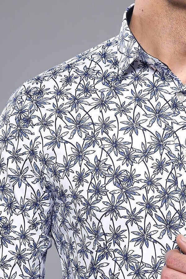 WSS Blue Floral Patterned Long Sleeve White Men Shirt  - Alpharetta