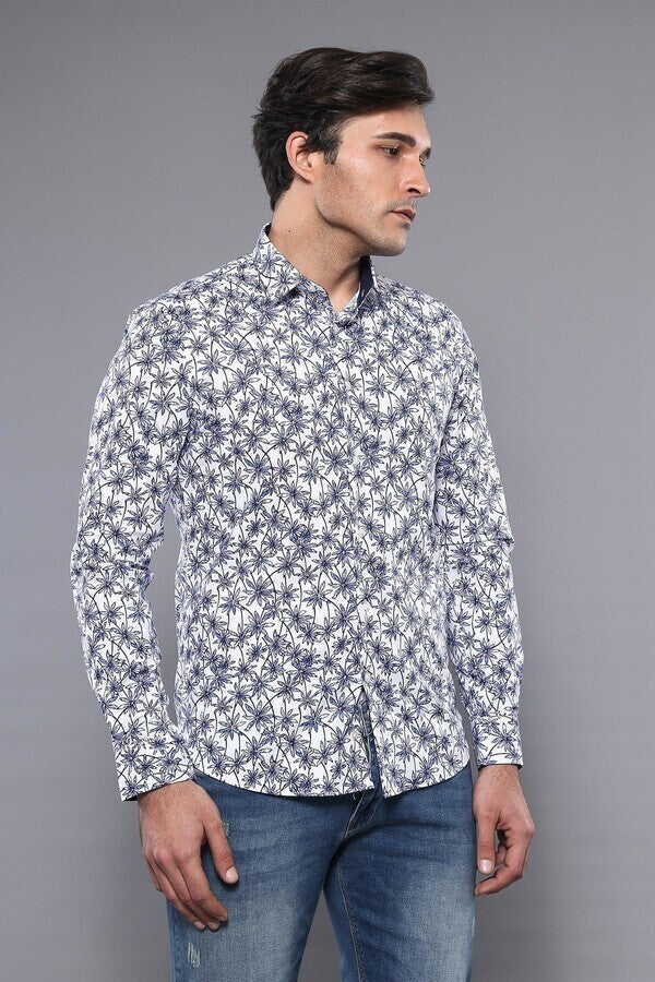 WSS Blue Floral Patterned Long Sleeve White Men Shirt  - Alpharetta