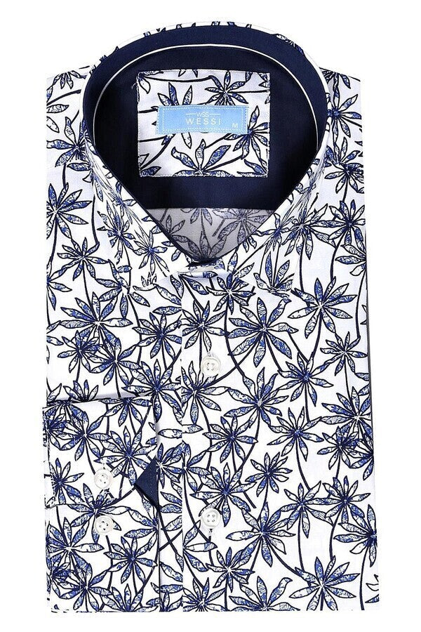 WSS Blue Floral Patterned Long Sleeve White Men Shirt  - Alpharetta