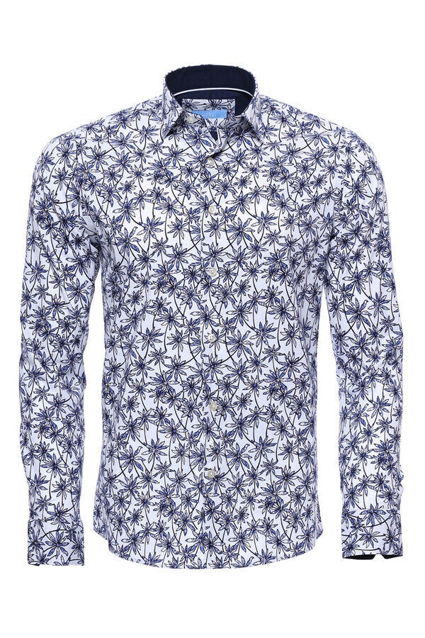 WSS Blue Floral Patterned Long Sleeve White Men Shirt  - Alpharetta