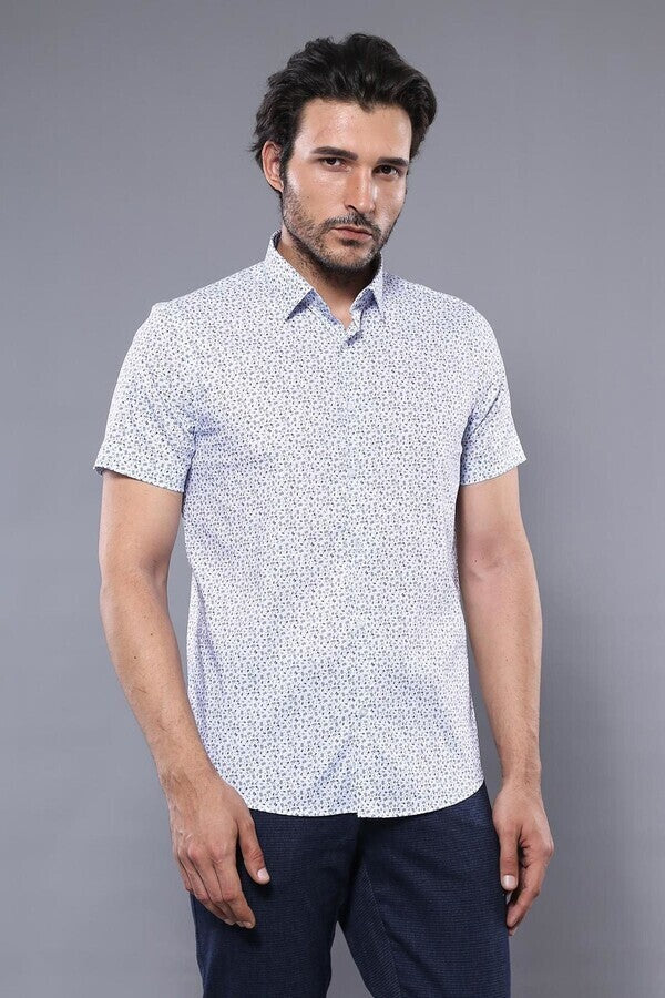 WSS Blue Floral Patterned Short Sleeve White Men Shirt  - Montgomery Village
