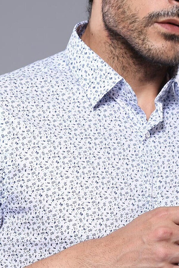 WSS Blue Floral Patterned Short Sleeve White Men Shirt  - Montgomery Village