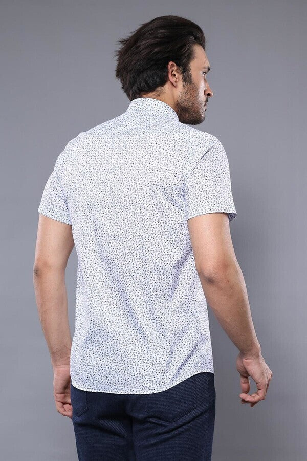 WSS Blue Floral Patterned Short Sleeve White Men Shirt  - Montgomery Village
