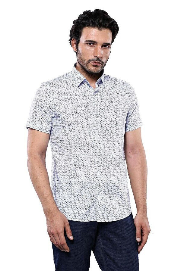 WSS Blue Floral Patterned Short Sleeve White Men Shirt  - Montgomery Village