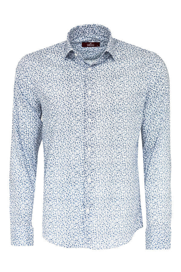 WSS Blue Floral Patterned Slim Fit White Men Shirt  - Chaïdári